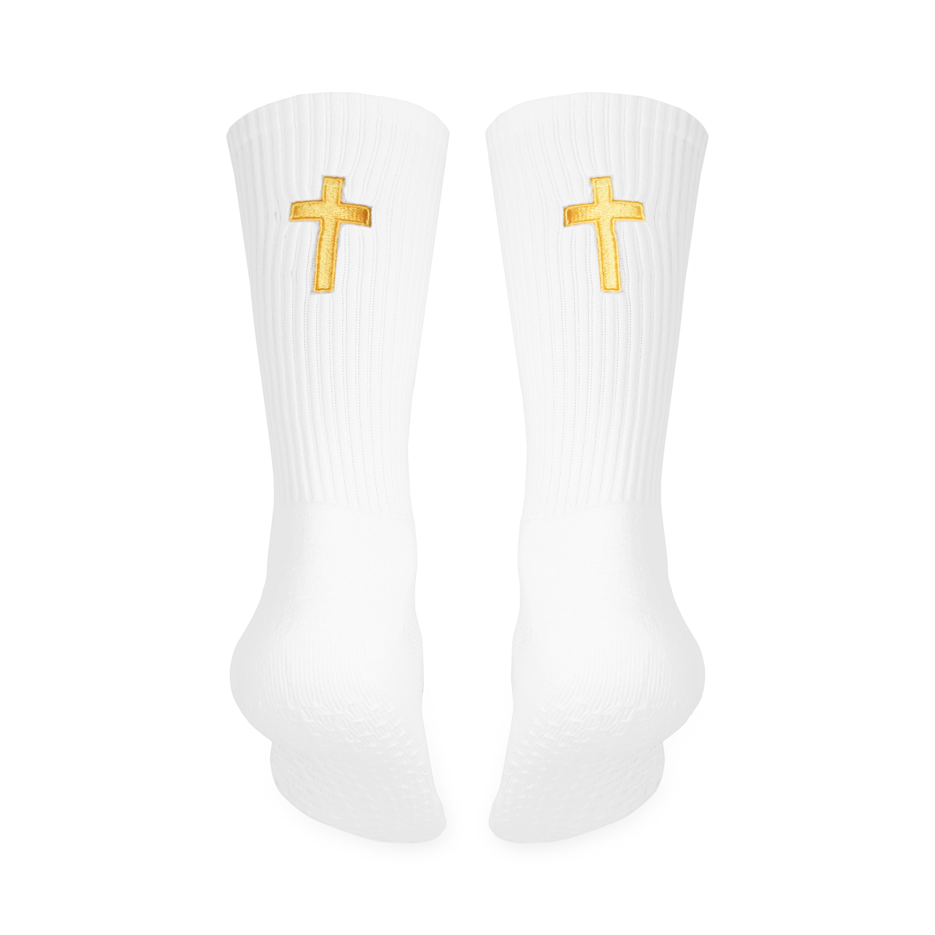 CB™️ White Cross Grip Socks (Gold Cross) – The Chosen Ballers